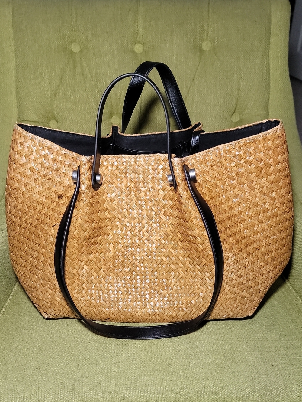 All Saints Woven Straw Tote Bag with Black Handles